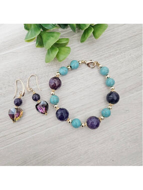 Artisan 18K Gold Plated Amethyst & Turquoise Stone Bracelet Earring Set